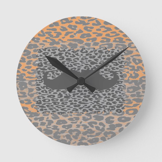 Grey Mustache and Leopard Print Round Clock (Front)