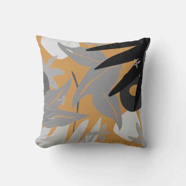 Grey & Mustard Artistic Abstract Botanical Throw Pillow (Front)