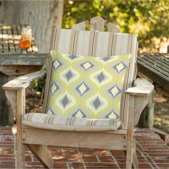 Grey Mustard Yellow Green Ochre Retro Ikat Art Outdoor Pillow (Chair)