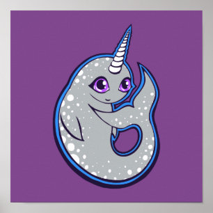 Grey Narwhal Whale With Spots Ink Drawing Design Poster