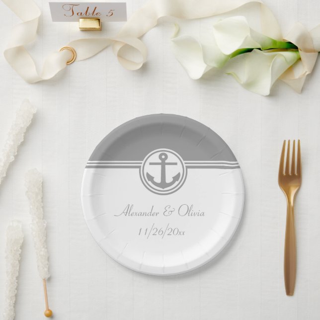 Grey Nautical Anchor Paper Plate (Wedding)