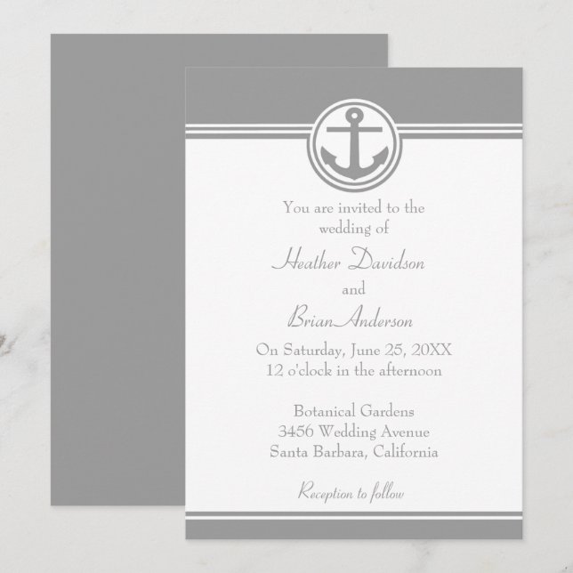 Grey Nautical Anchor Wedding Invitation (Front/Back)