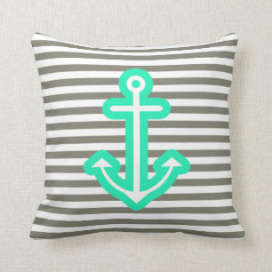 Grey Nautical Mint Anchor Throw Pillow