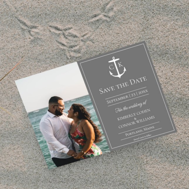 Grey Nautical Monogram Photo Save the Date (Gray Nautical Monogram Photo Save the Date)