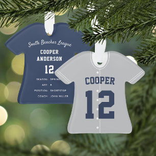 Grey & Navy Baseball Jersey Player Stats Ornament