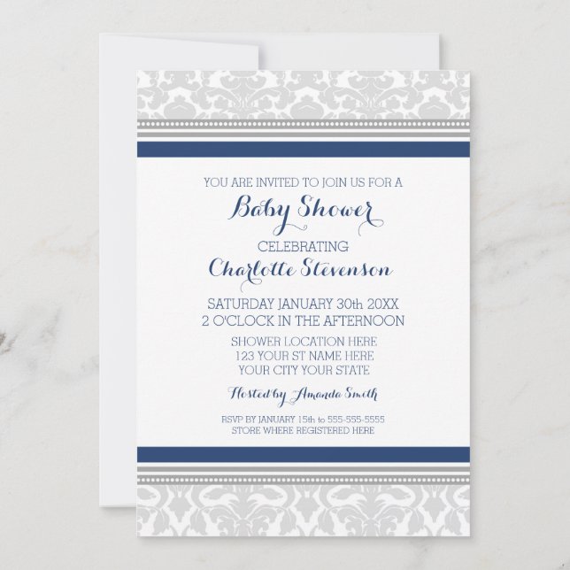 Grey Navy Blue Custom Baby Shower Invitations (Back)
