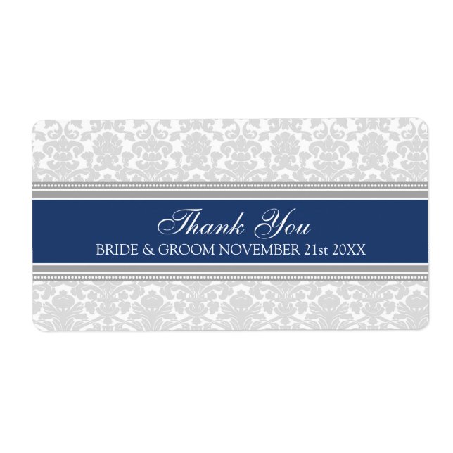 Grey Navy Blue Damask Wedding Labels (Front)