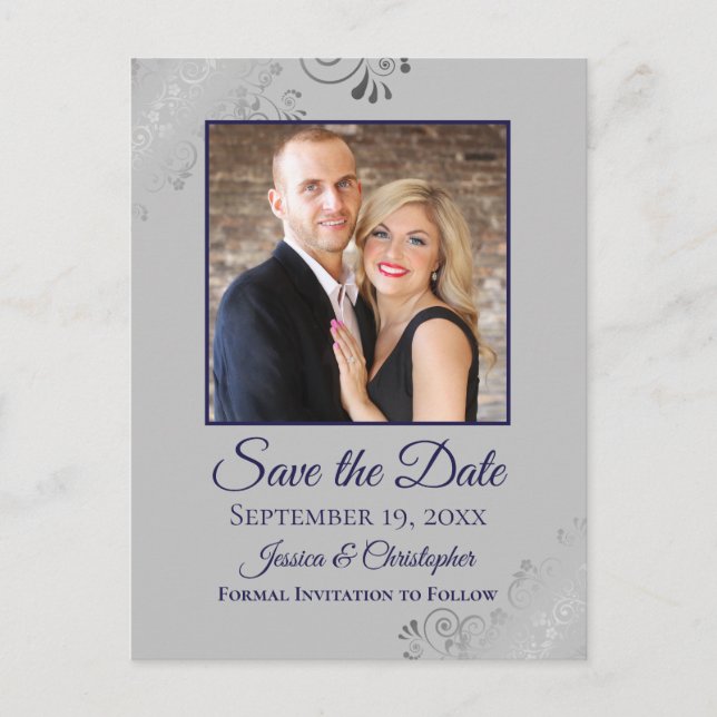 Grey & Navy Blue Lacy Wedding Save the Date Photo Announcement Postcard (Front)