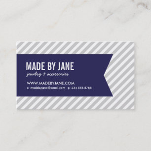 Grey & Navy Blue Modern Stripes & Ribbon Business Card