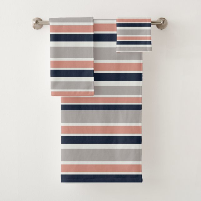 Grey Navy Blue Pink Coastal Stripes Pattern Bath Towel Set (Insitu)