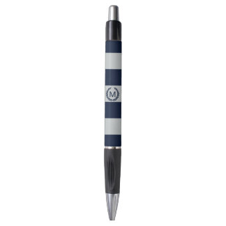 Grey & Navy Blue Striped Monogram Personalized Pen