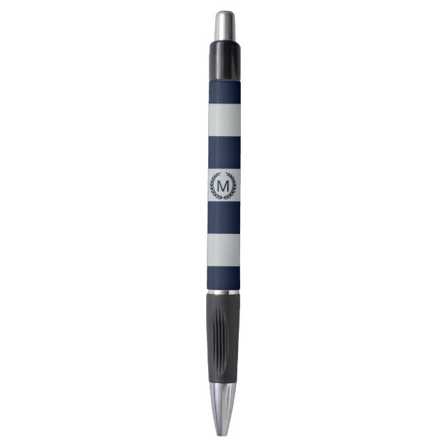Grey & Navy Blue Striped Monogram Personalized Pen (Front Vertical)
