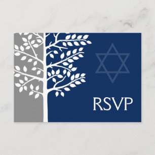 Grey Navy Blue Tree of Life Bar Mitzvah RSVP Card