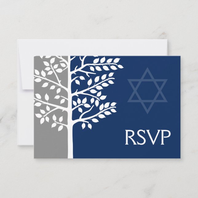 Grey Navy Blue Tree of Life Bar Mitzvah RSVP Card (Front)