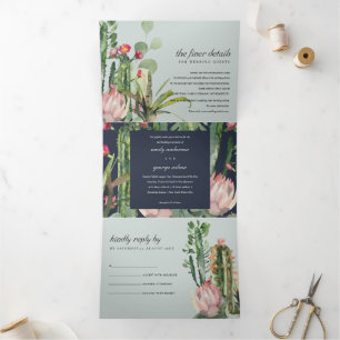 GREY NAVY FLORAL CACTI FOLIAGE WATERCOLOR WEDDING Tri-Fold INVITATION
