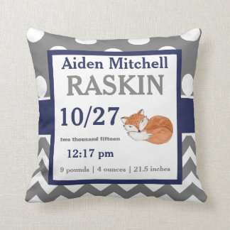Grey Navy Fox Baby Announcement Pillow