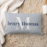 Grey & Navy | Name and Monogram Nursery Lumbar Pillow<br><div class="desc">Personalize this blue-grey and navy pillow with baby's name and monogram for a perfect addition to his nursery. Light grey-blue pillow features baby's name in rich navy blue,  overlaid on a single initial monogram in white. Add her birth date or a custom message to the back.</div>