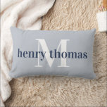 Grey & Navy | Name and Monogram Nursery Lumbar Pillow<br><div class="desc">Personalize this blue-grey and navy pillow with baby's name and monogram for a perfect addition to his nursery. Light grey-blue pillow features baby's name in rich navy blue,  overlaid on a single initial monogram in white. Add her birth date or a custom message to the back.</div>