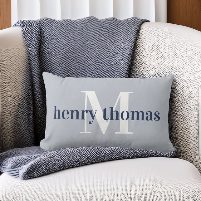 Grey & Navy | Name and Monogram Nursery Lumbar Pillow (Creator Uploaded)