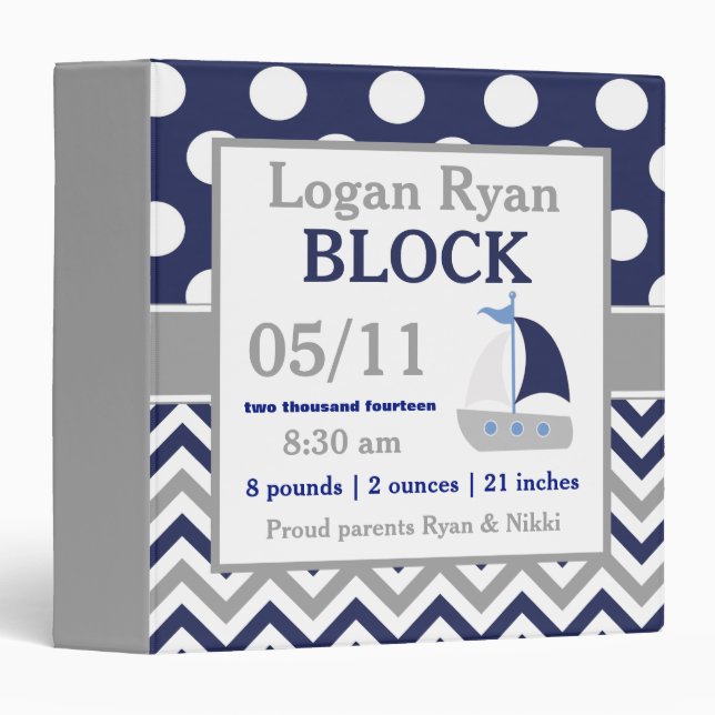Grey Navy Sailboat Baby Announcement Binder (Front/Spine)