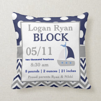 Grey Navy Sailboat Baby Announcement Pillow