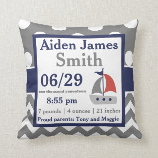 Grey Navy Sailboat Boat Birth Announcement Pillow