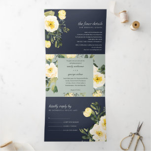 GREY NAVY YELLOW PEONY FLORAL WATERCOLOR WEDDING Tri-Fold INVITATION