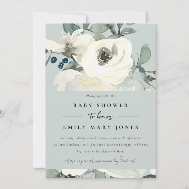GREY NEUTRAL IVORY WHITE FLORAL BUNCH BABY SHOWER INVITATION (Front)
