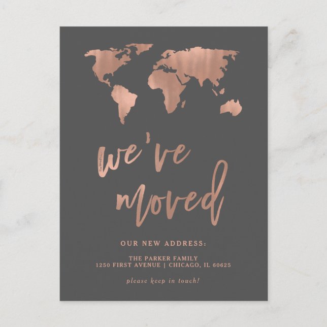 Grey New Address Announcement | Faux Rose Gold Map (Front)