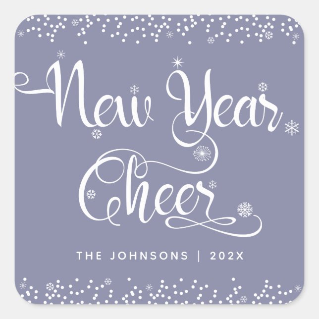 Grey New Year Cheer White Snowflakes Custom Name Square Sticker (Front)