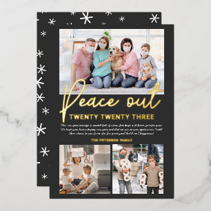 Grey New Year peace out 2020 script 3 photos Foil Holiday Card