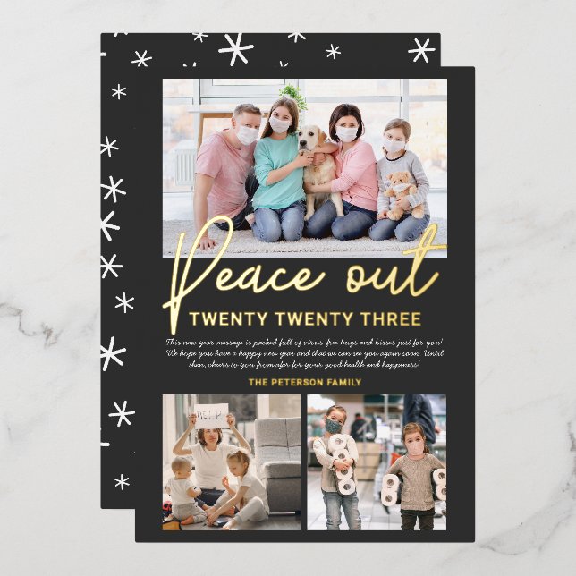 Grey New Year peace out 2020 script 3 photos Foil Holiday Card (Front/Back)
