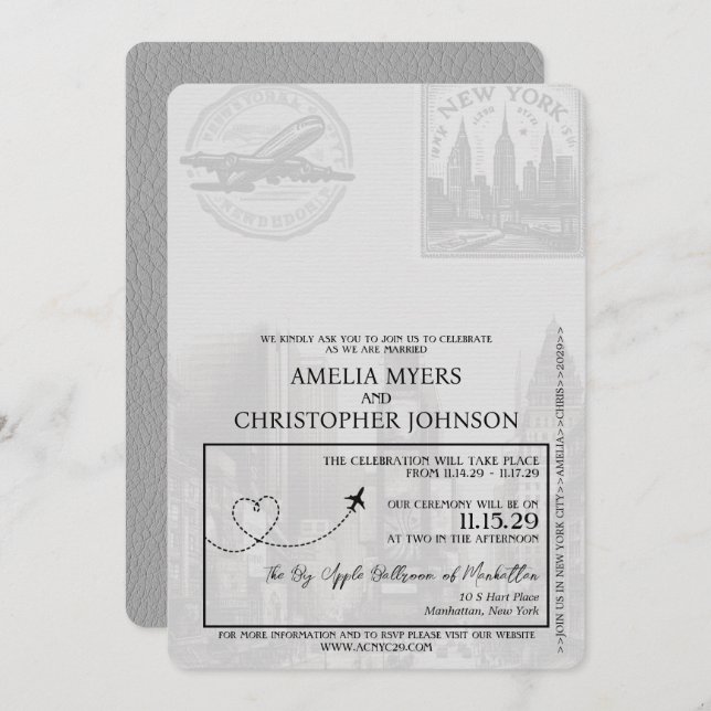 Grey New York City Passport Wedding Invitation (Front/Back)