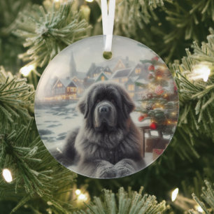 Grey Newfoundland Dog  Glass Ornament