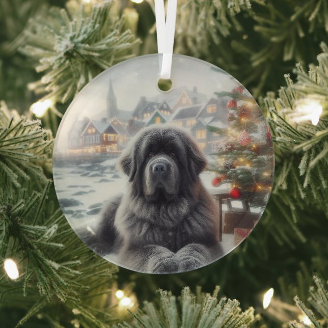 Grey Newfoundland Dog  Glass Ornament (Insitu)