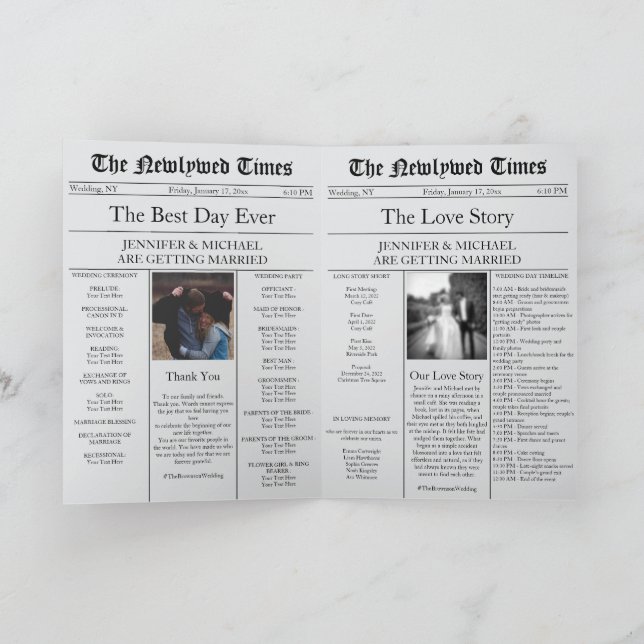 Grey Newspaper Wedding Timeline Program Story (Inside)