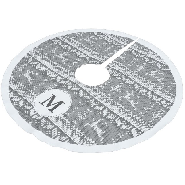 Grey Nordic Fair Isle Reindeer & Family Name Brushed Polyester Tree Skirt (Angled)