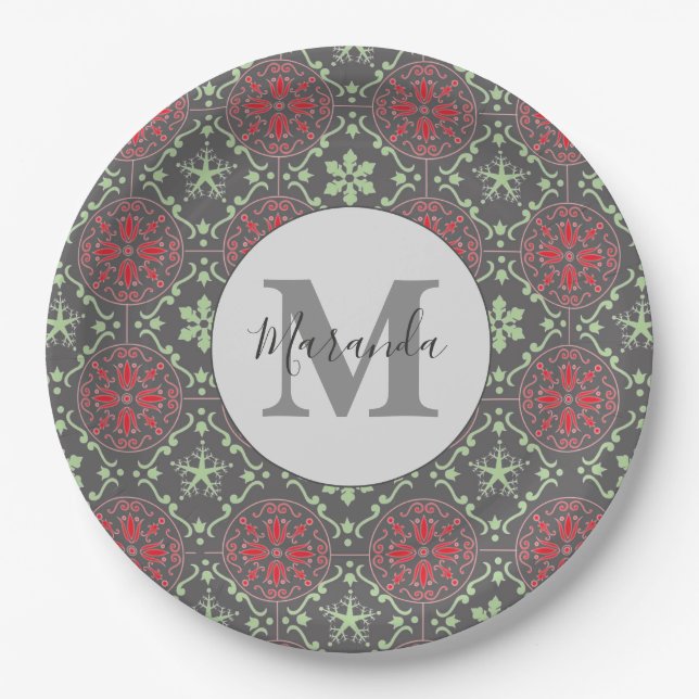 Grey Nordic Snowflake Winter Monogram Pattern Paper Plate (Front)