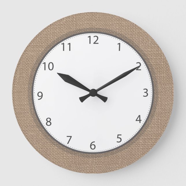 Grey Numbers Rustic Country Burlap Large Clock (Front)