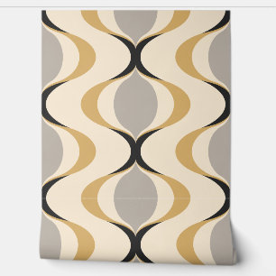 Grey Ochre Mustard Yellow Ivory Ogee Wave Pattern Wallpaper