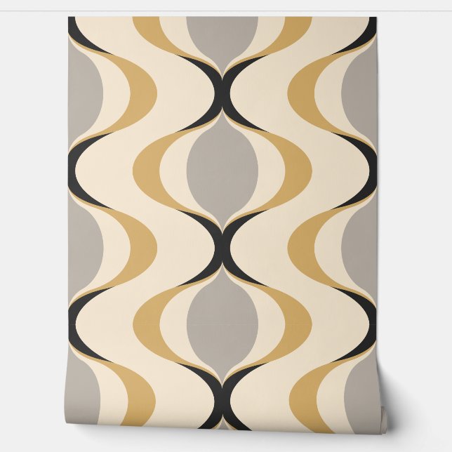 Grey Ochre Mustard Yellow Ivory Ogee Wave Pattern Wallpaper (Unrolling)