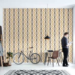 Grey Ochre Mustard Yellow Ivory Ogee Wave Pattern Wallpaper