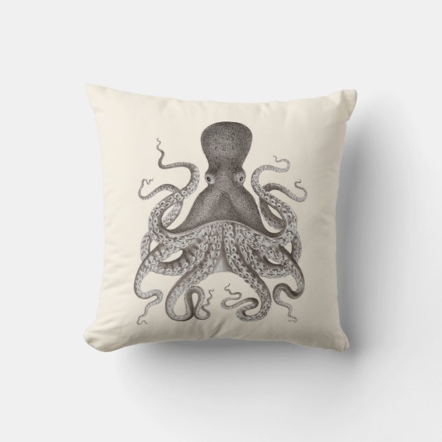 Grey Octopus Illustration on Cream Throw Pillow (Front)