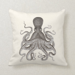 Grey Octopus Illustration on Cream Throw Pillow