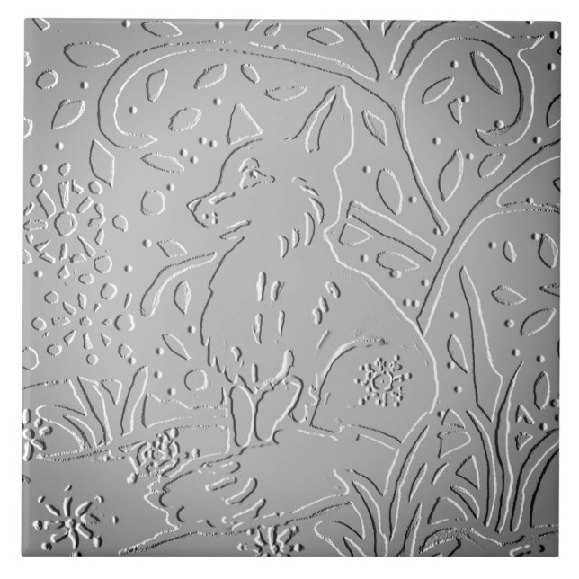 Grey Ombre Fox Woodland Embossed Winter Snowflake Tile (Front)