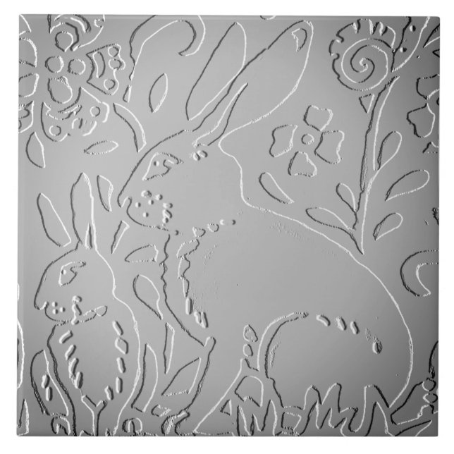 Grey Ombre Rabbit Woodland Embossed Floral Nature Tile (Front)