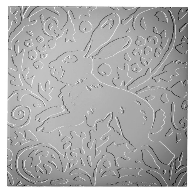 Grey Ombre Rabbit Woodland Embossed Floral Nature Tile (Front)