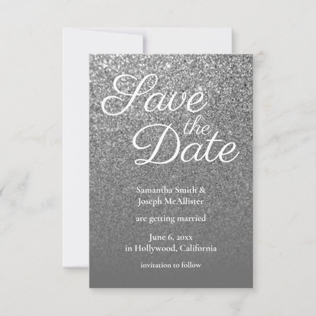 Grey Ombre Silver Glitter Photo Save the Date Invitation (Front)