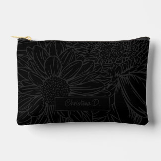 Grey on Black Chrysanthemums with Name Accessory Pouch