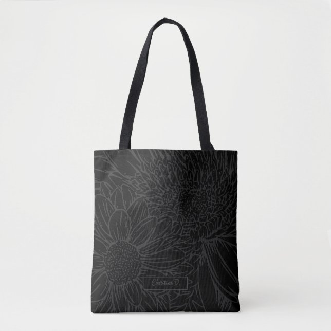 Grey on Black with Name and Chrysanthemums Tote Bag (Front)